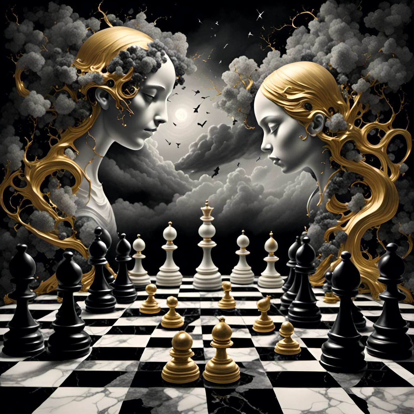 Surreal Chess Game with Gold and Silver Landscape