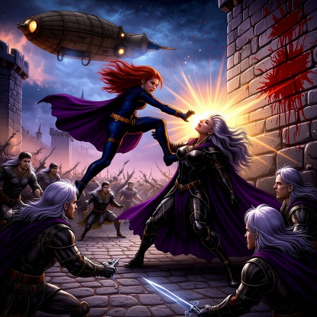 Hero Attacks Drow Queen From Airship in Comic Art Style