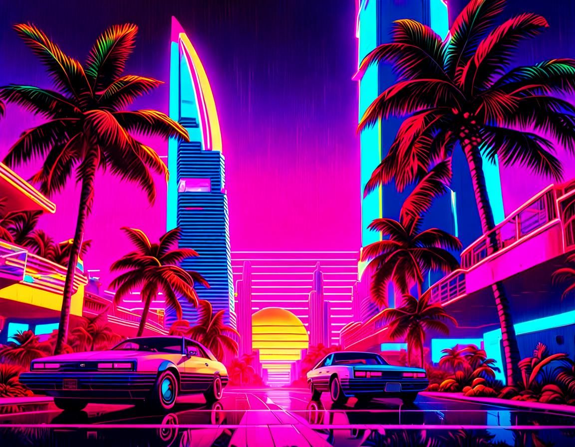 Vaporwave Miami Summer Day in Neon Retrowave Style