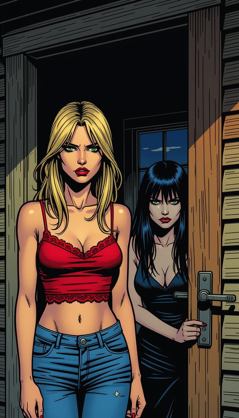 Melancholic Dawn: Two Women in Comic Book Art Style