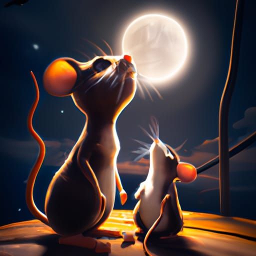 Cute Cat and Mouse Admire Moonlit Sky