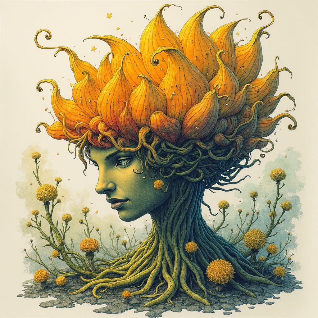 Surreal Golden Age Alcohol Ink Illustration of a Magical Pla...