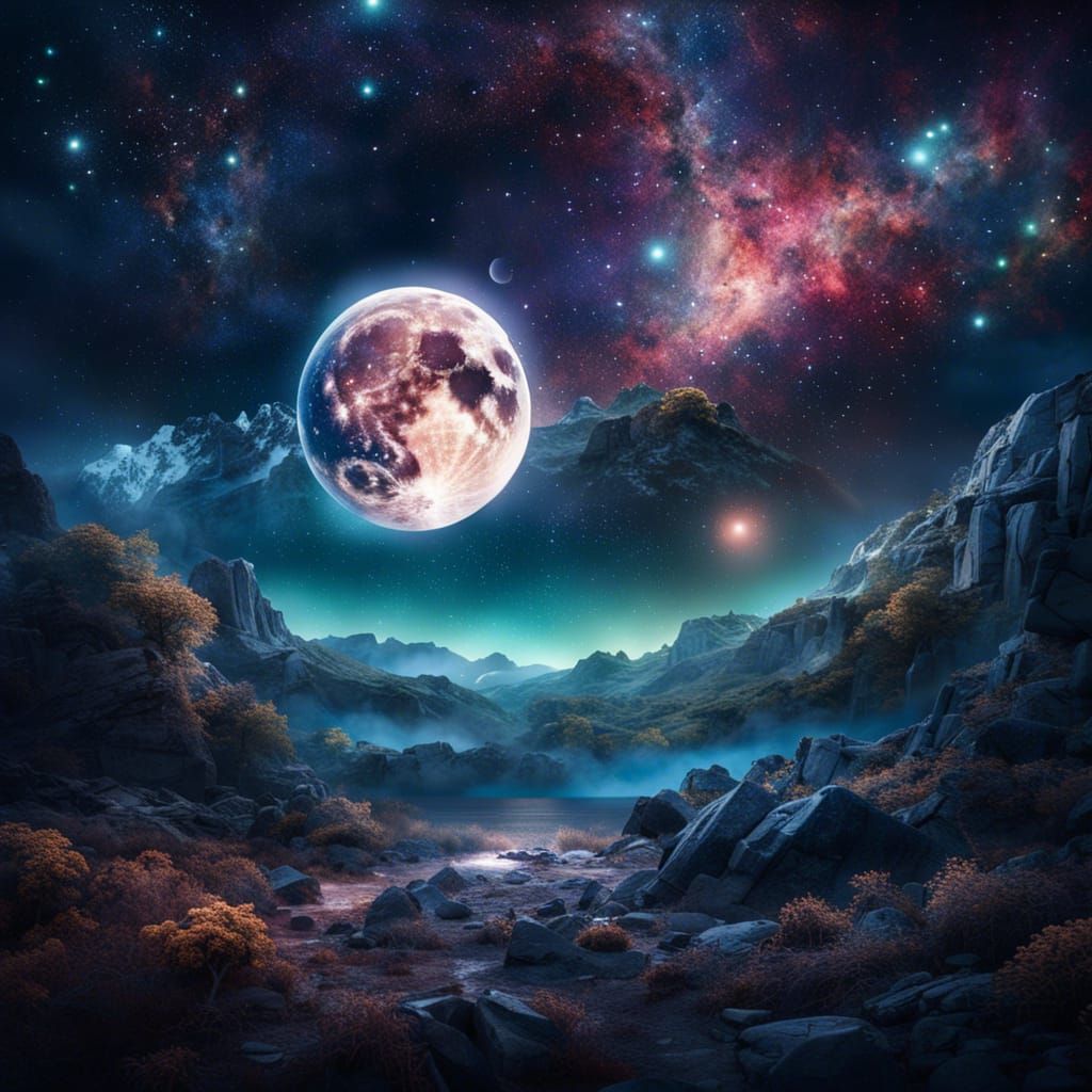 Dreamy Celestial Night Sky with Galaxies and Moon