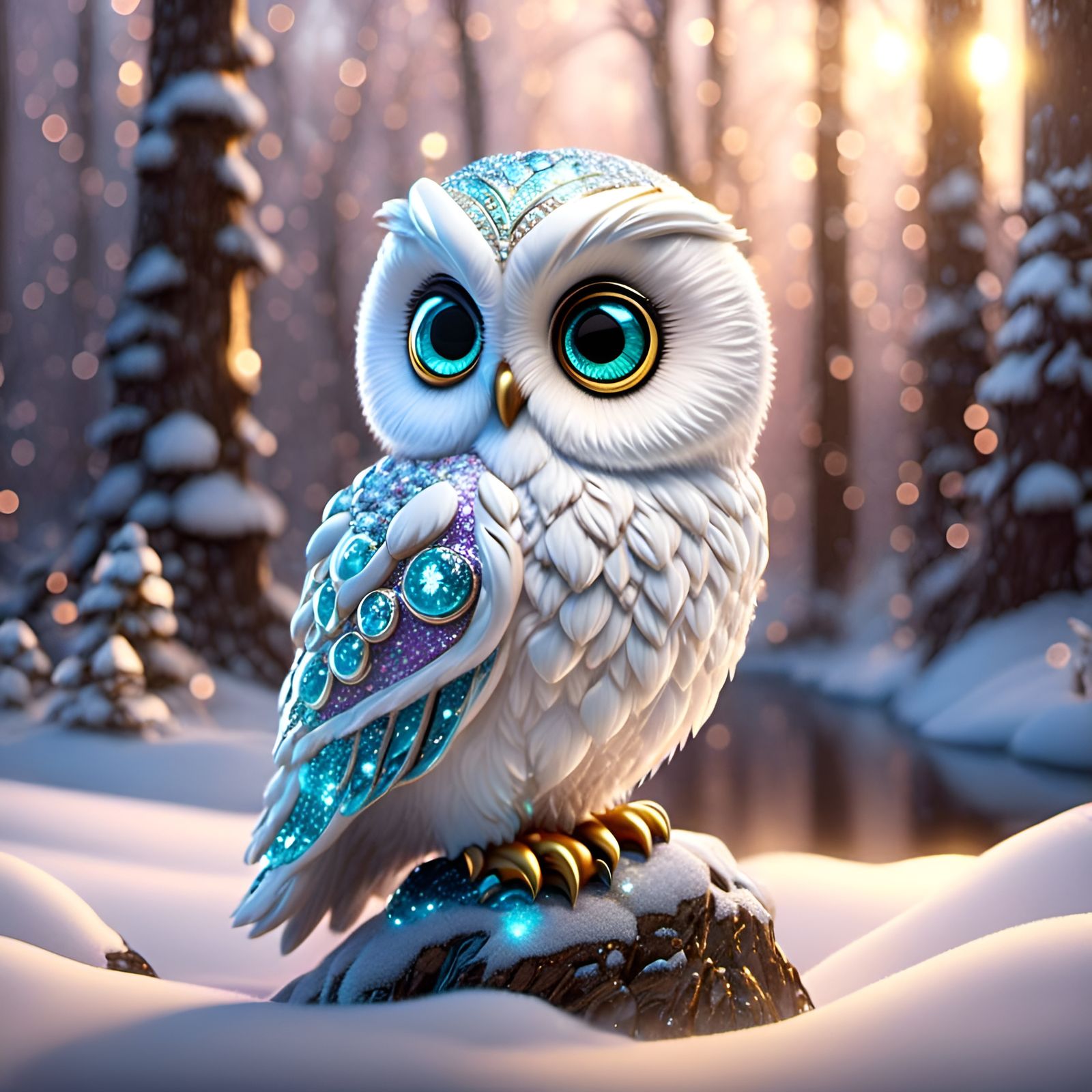 Sparkling Snow Owl on Winter Lake