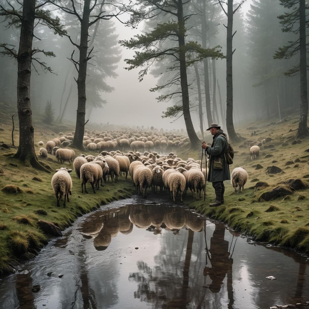 Shepherd and Sheep Drinking by Forest Stream