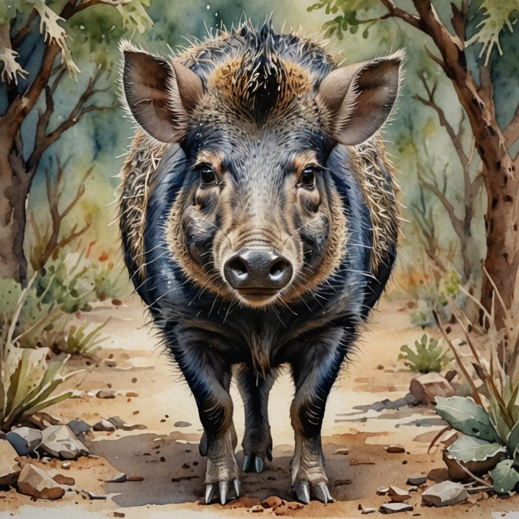 Curly-Haired Javelina in Watercolor Style