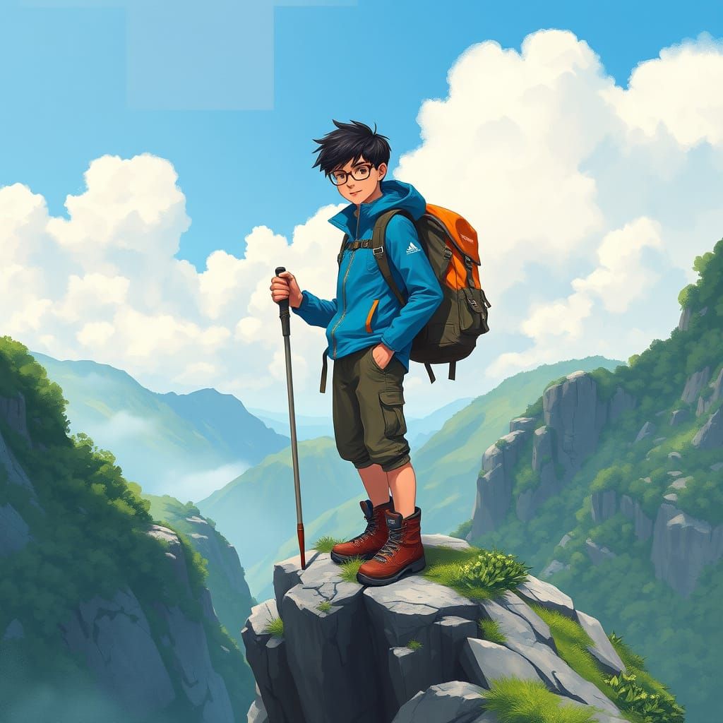 Youthful Hiker on Mountain in Watercolor Style