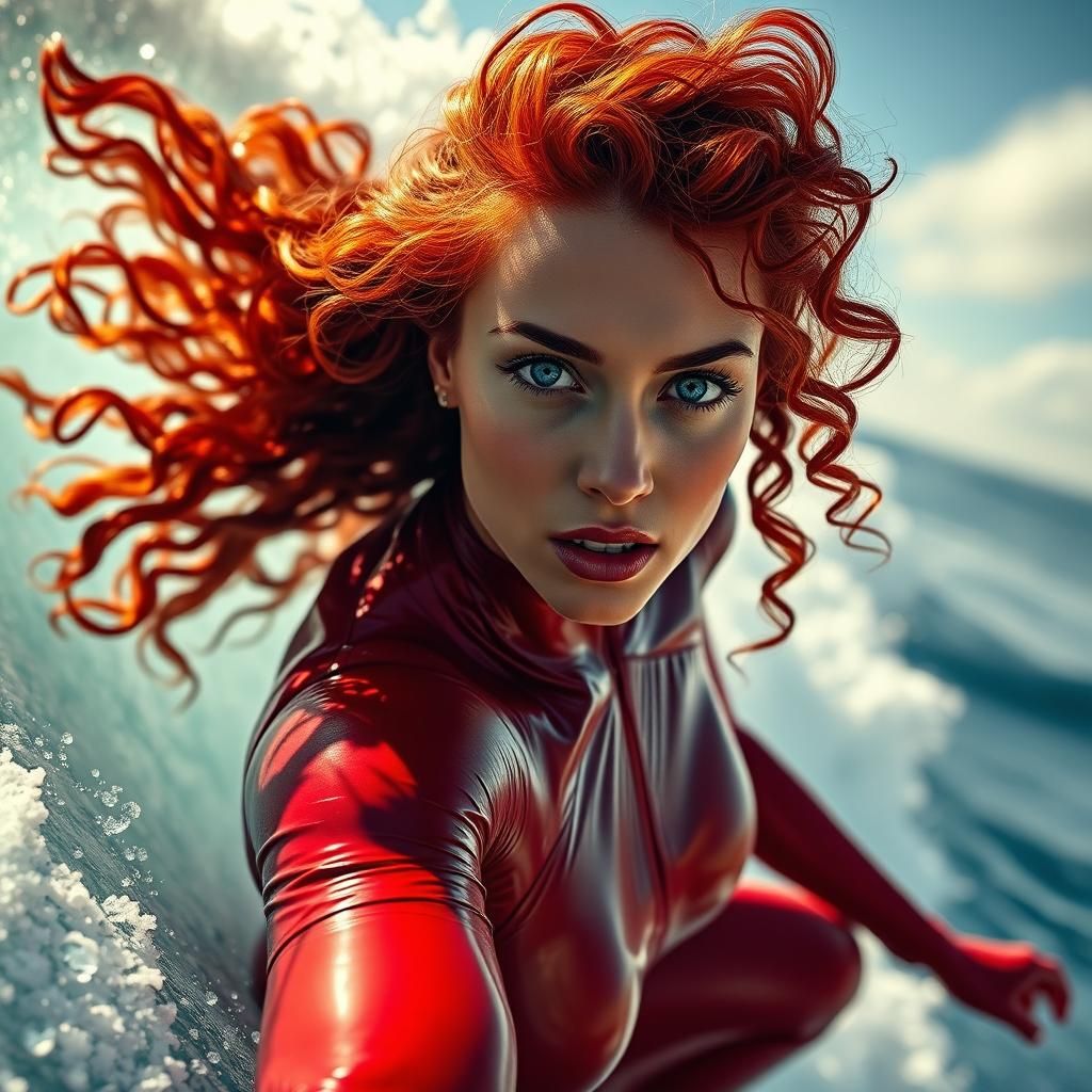 Woman Surfing Big Wave in Hyperrealistic Style