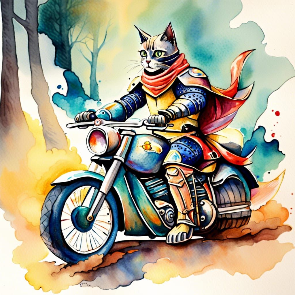 Cat Knight on Motorcycle, Watercolor Painting