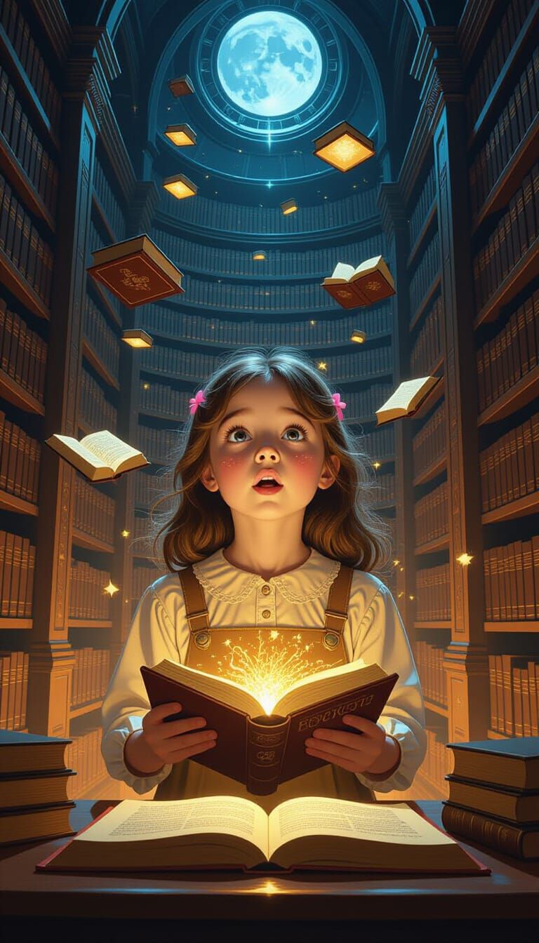 Magical Library Scene with Girl in Awe