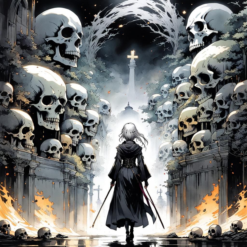 Anime Necromancer Girl Fading into Darkness