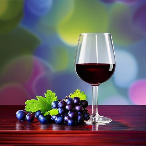 Hyperrealistic Red Wine and Blue Grapes Still Life