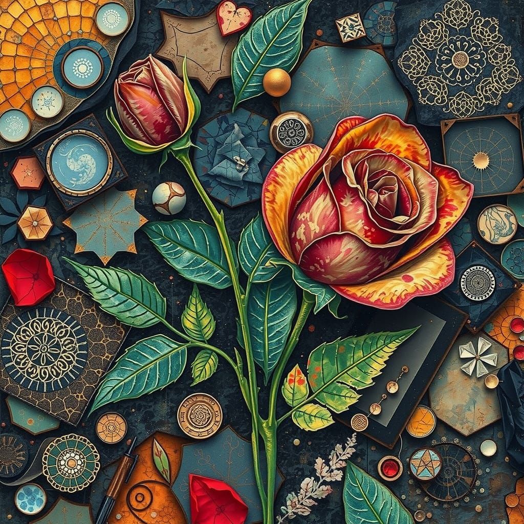 Surreal Rose Still Life in Vibrant Mixed Media Collage Style