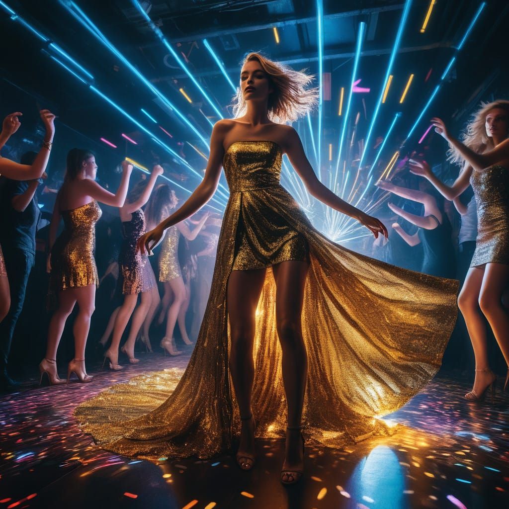 Elegant Woman Dancing in a Vibrant Night Club Scene