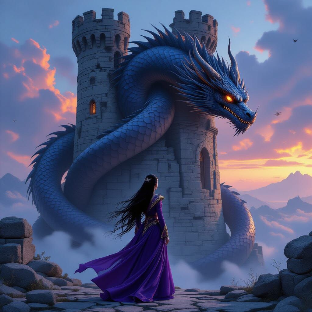 Sorceress Confronts Ancient Dragon in Magical Ruin