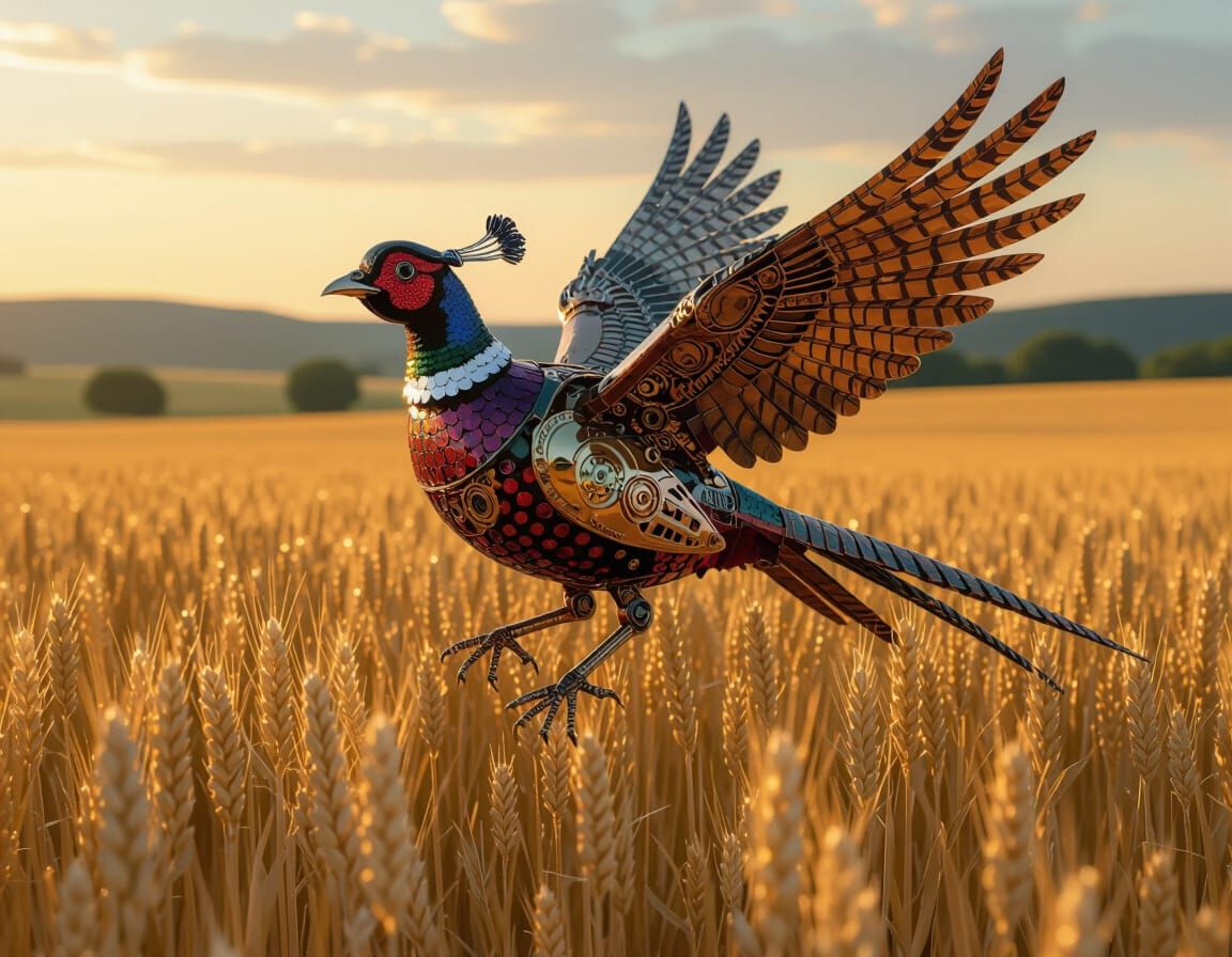 A steampunk ringneck pheasant automaton takes flight across ...