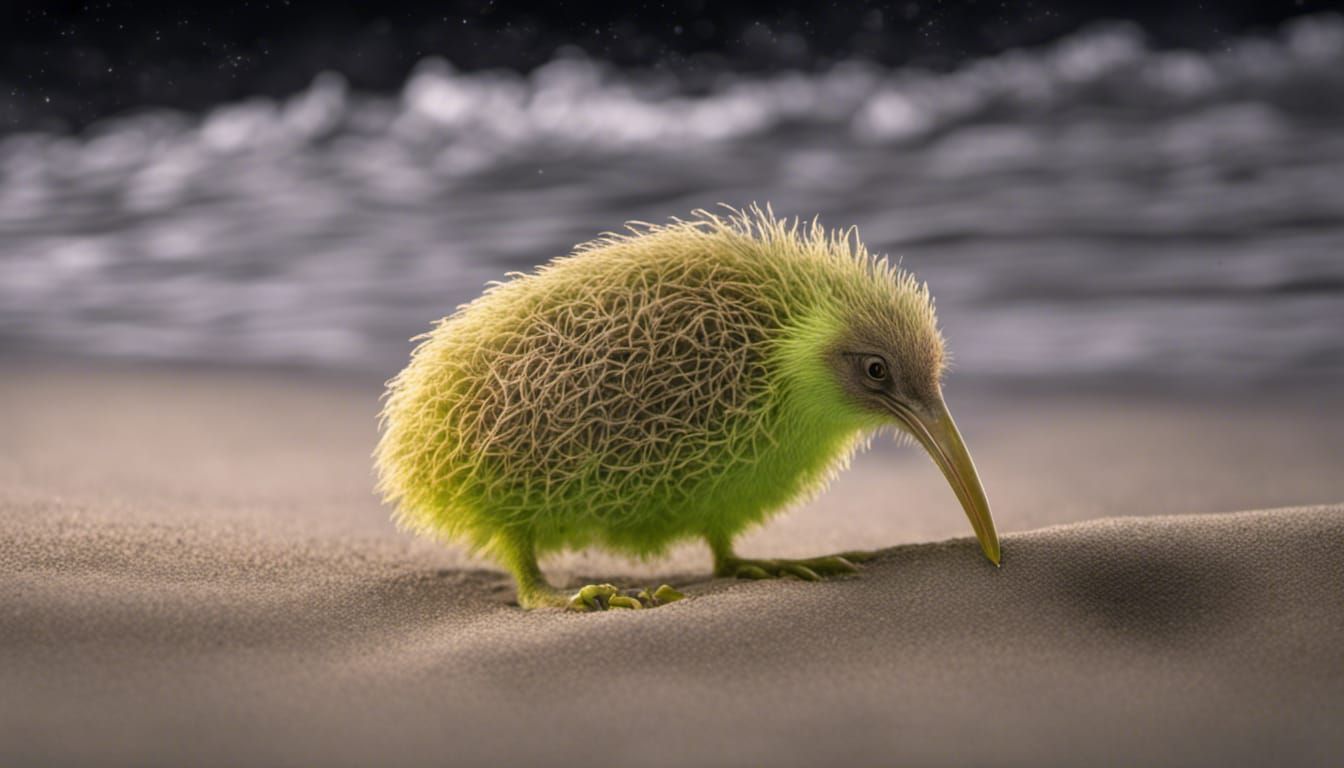 Fuzzy Nanobyte Kiwi Bird on Moonlit Beach