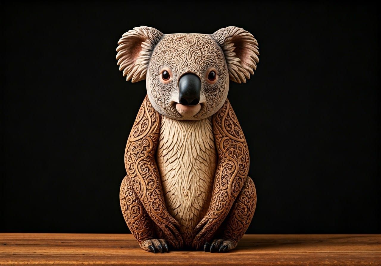 Carved Wooden Koala Totem in Rustic Folk Art Style