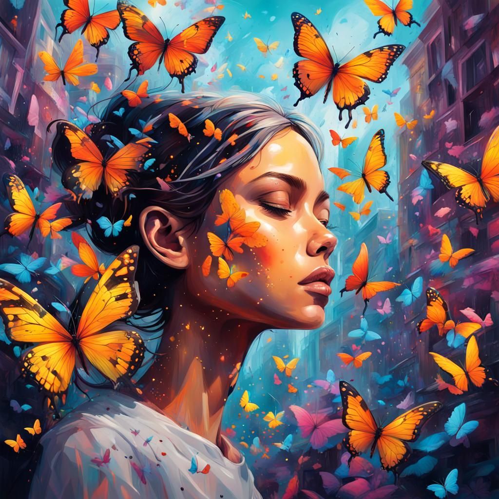 Dreamer Surrounded by Luminous Butterflies in Graffiti Art