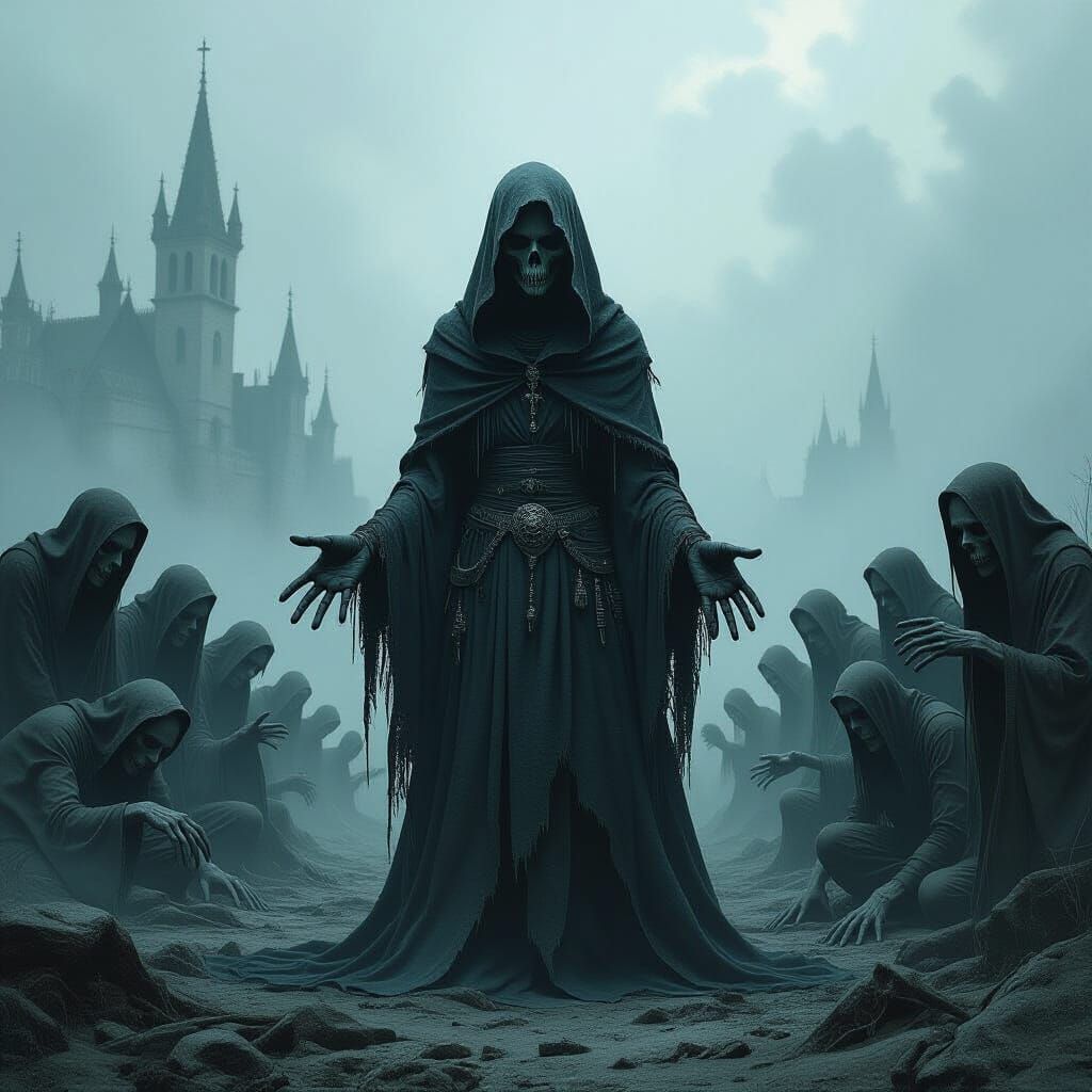 Dark Fantasy Necromancer in Plague-Ridden Landscape