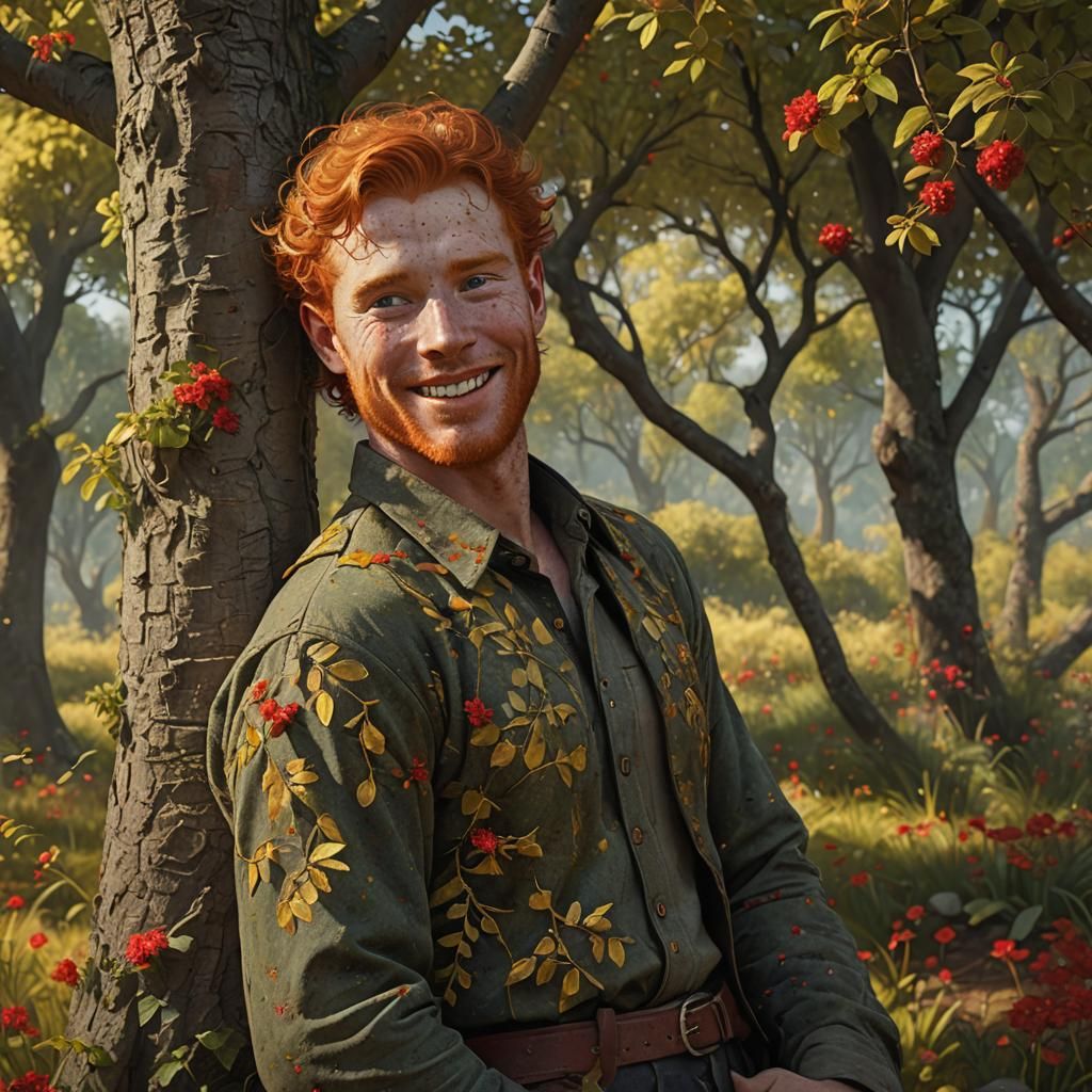 Red-Haired Man Smiling in Autumn Landscape