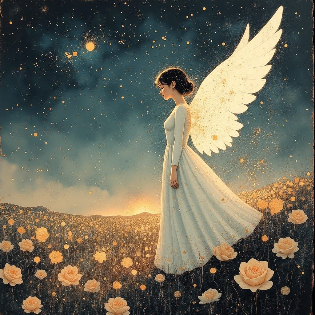 Ethereal Angel on Alien Planet with Crystalline Roses