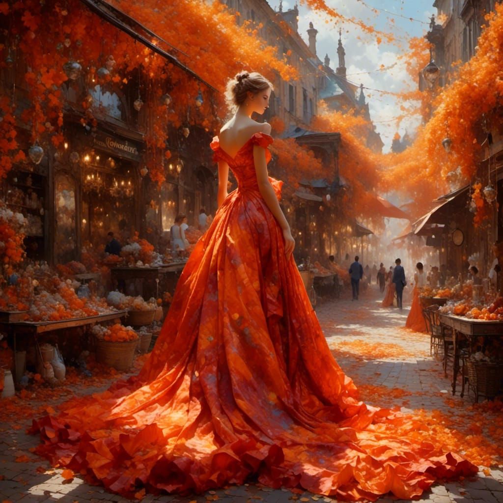 <lora:PurpleFantasy:1.0> a silk dress shop in the style of ethereal impressionism, artgerm, bright orange and fire red, ...