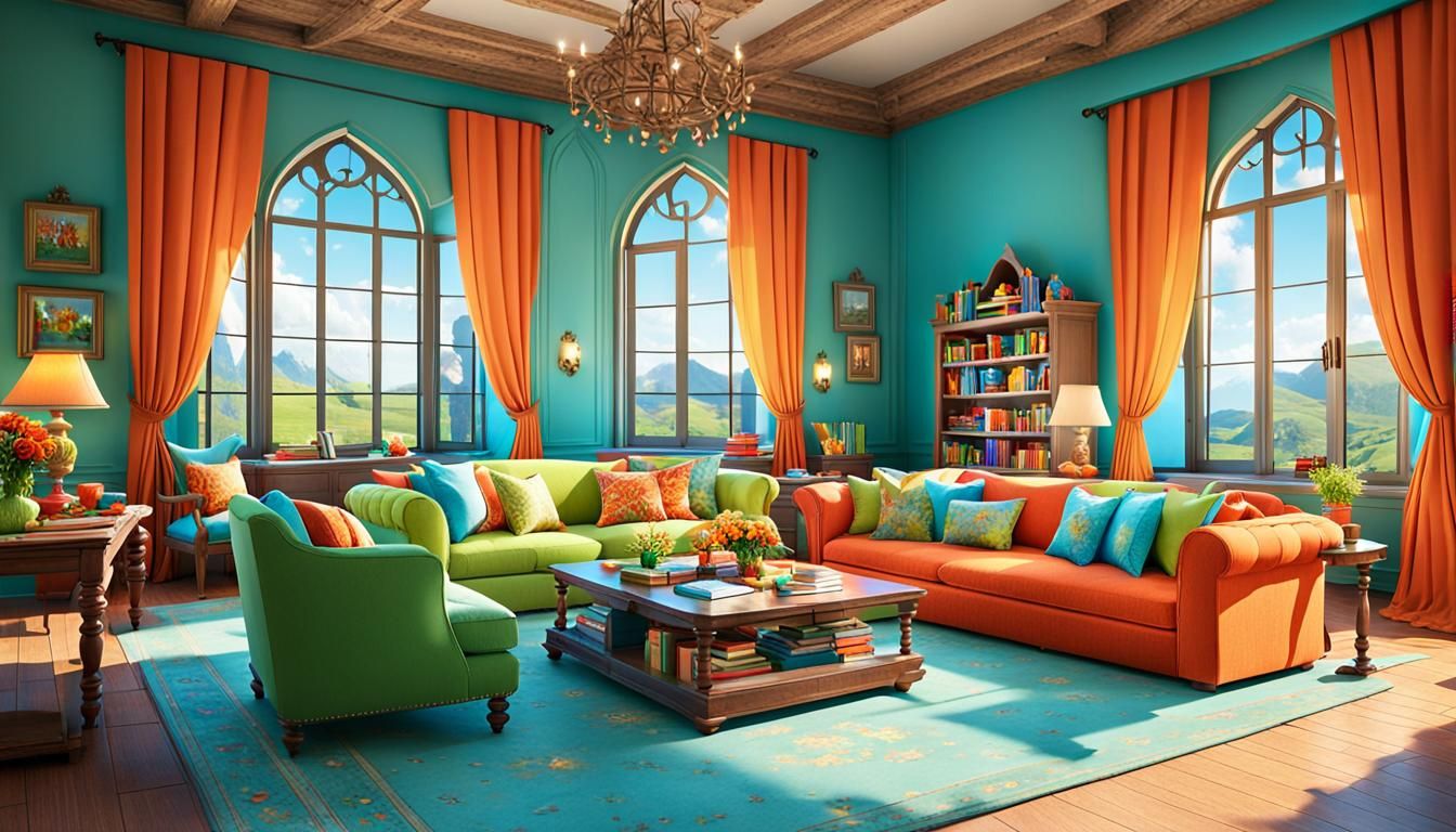 Cozy Castle Sitting Room in Vibrant Pixar Style