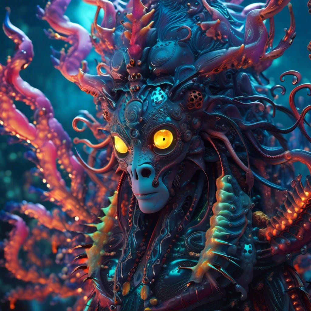 Handsome Kraken-Human Hybrid in Bioluminescent Ocean