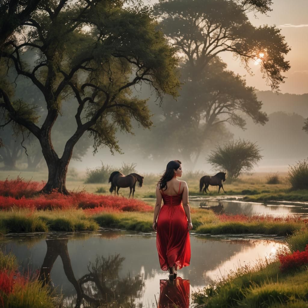 Curvy Woman in Red Dress on Meadow: Photorealistic 8K