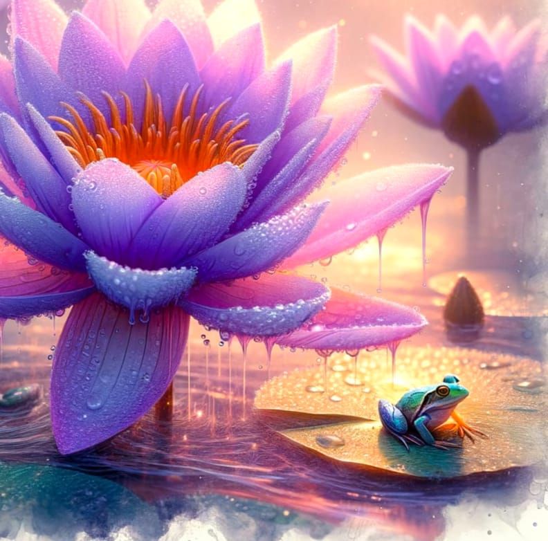 Purple Lotus Sparkling After Rain, Watercolor Painting