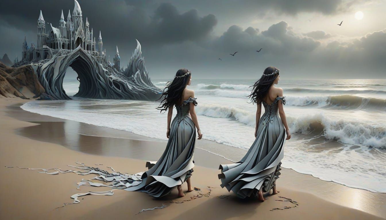 Gothic Elf Woman in Paper Worlds Style Beach Landscape