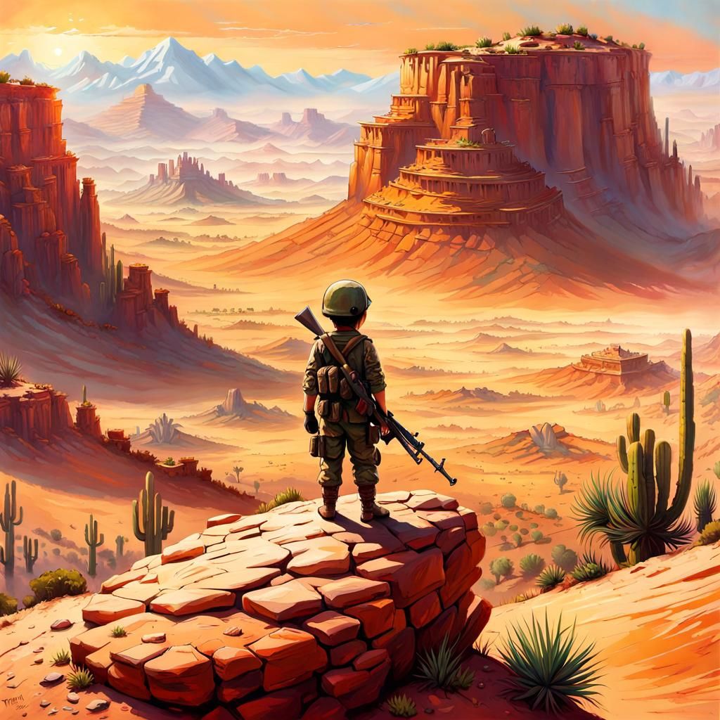 Lone Child Soldier Overlooking a Desert