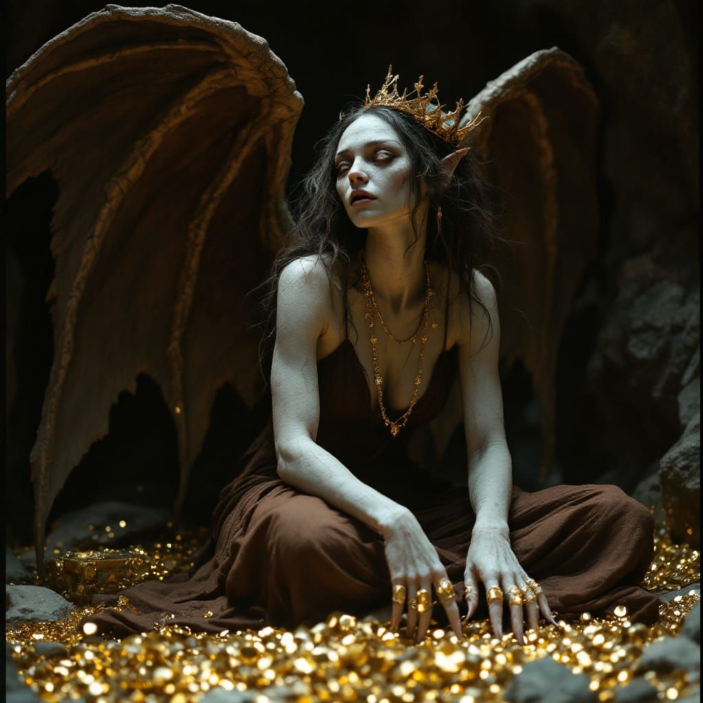 Cave Fairy With Stone Skin and Crown Amidst Treasure