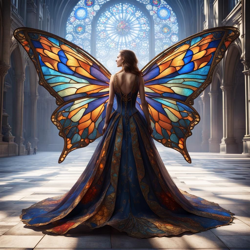 Woman in Royal Blue Gown with Butterfly Wings