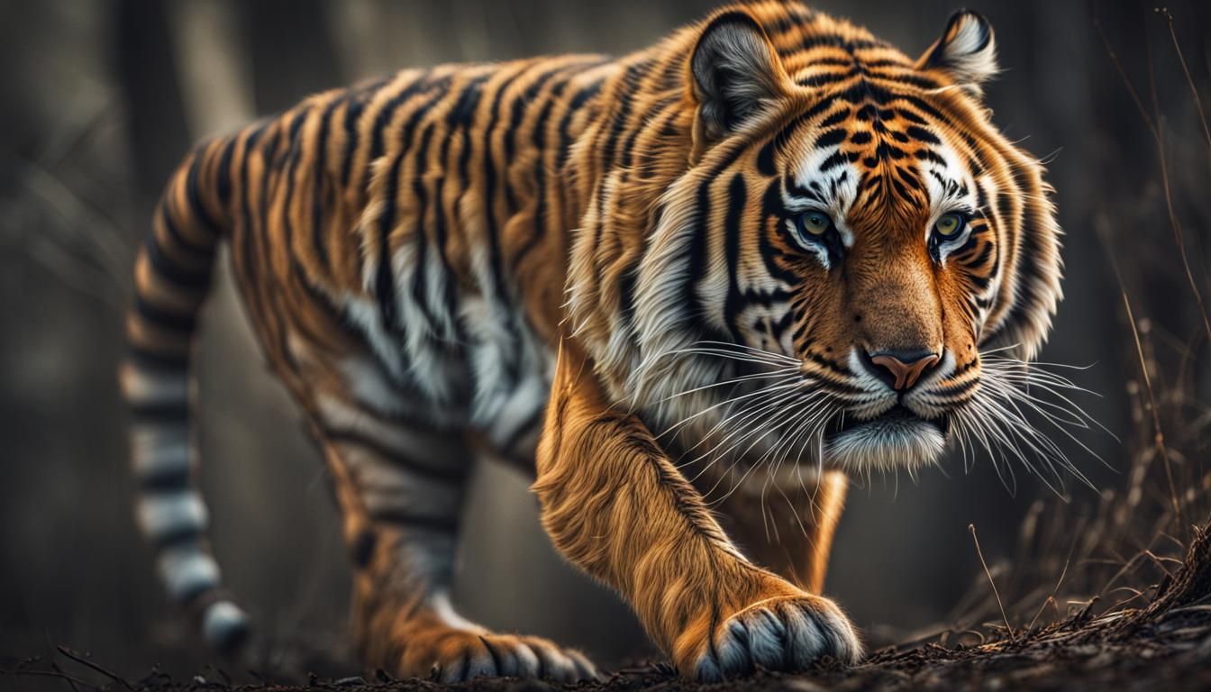 Realistic Tiger Stalking Prey in Wildlife, HDR