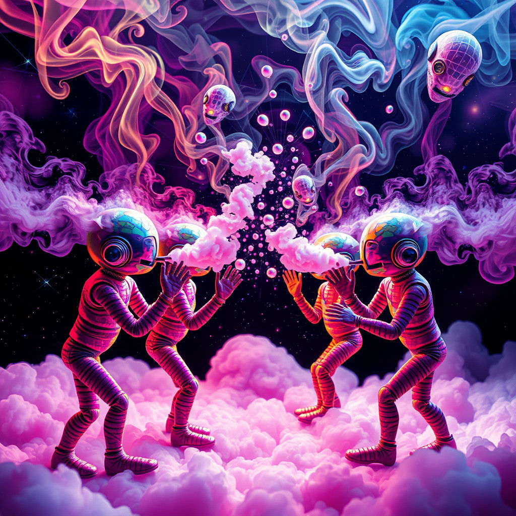 Colorful Velvet Humanoids Compete in Surreal Smoke-Blowing