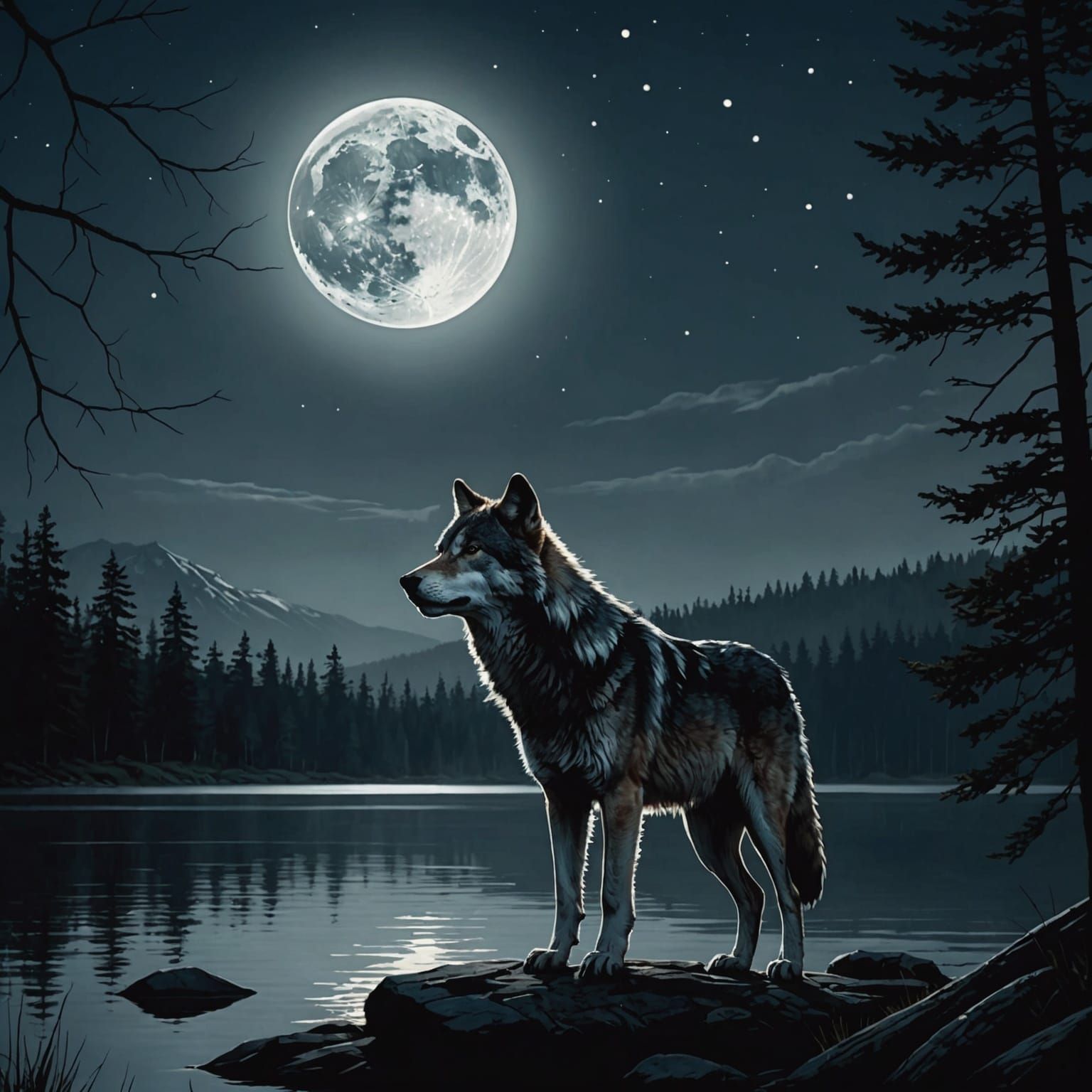 Wolf Howling at Moonlit Lake