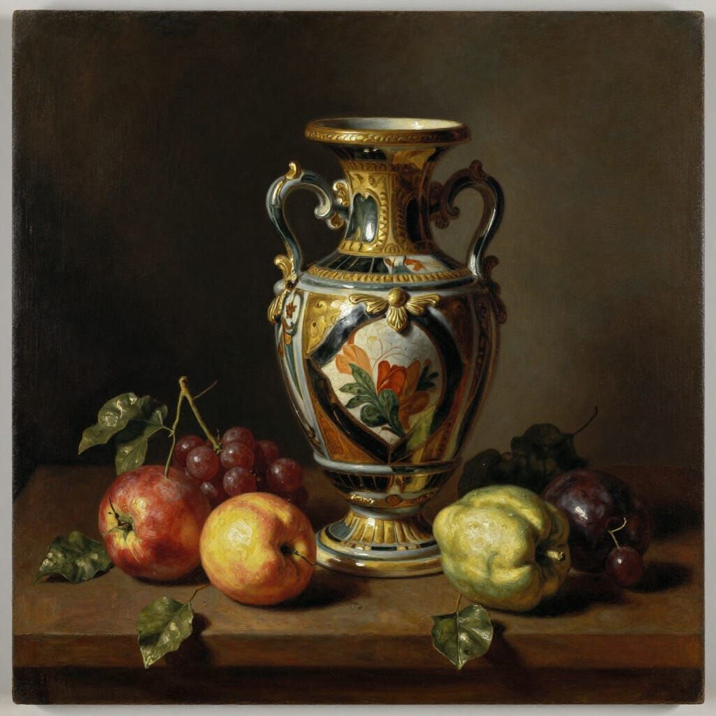 Baroque Still Life Painting of Fruit and Ceramic Vase