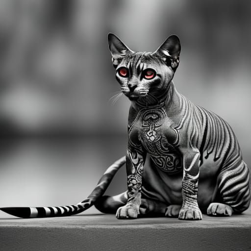 Yakuza Sphynx Cat with Tattoos and Katana