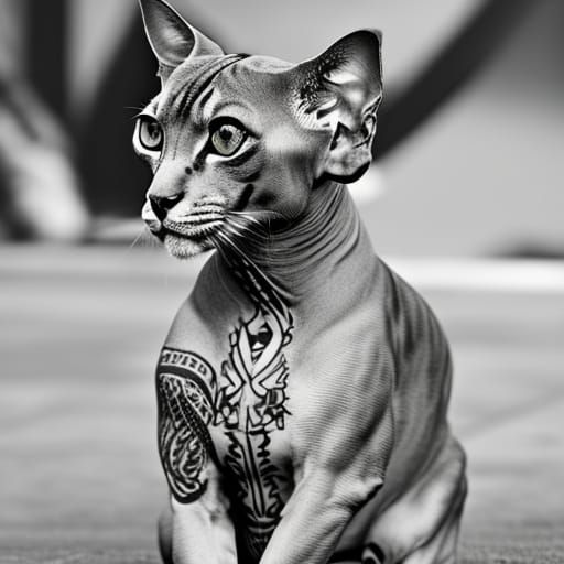 Tattooed Sphynx Cat with Katana: Photorealistic Portrait