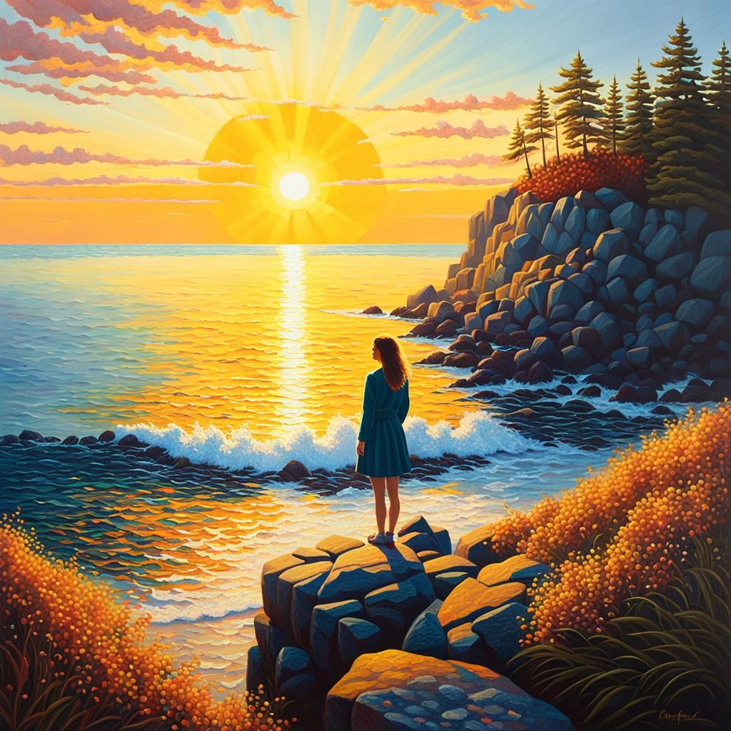 Woman Gazing at Seascape in Oil Painting Style