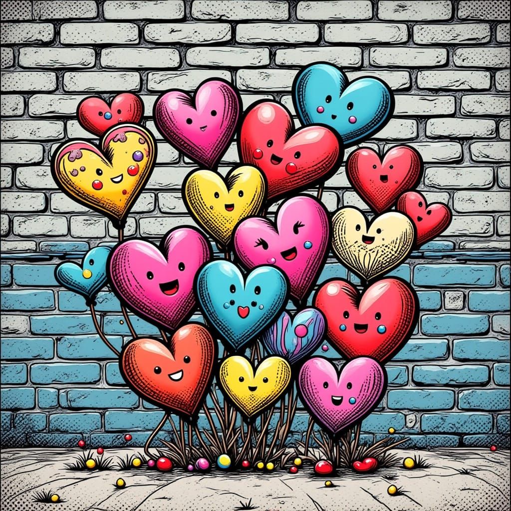 Whimsical Chibi Hearts in a Gritty Urban Landscape