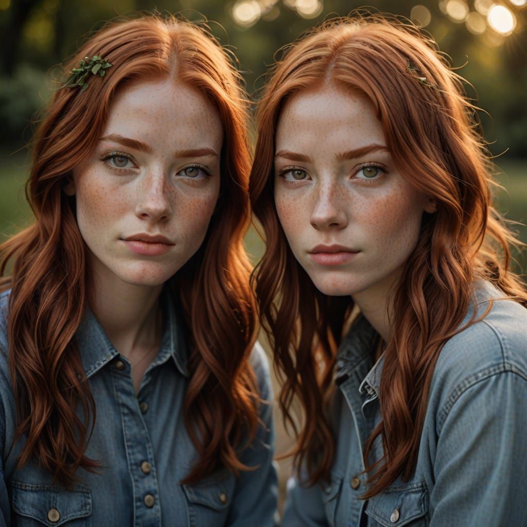 Vibrant Red-Haired Twins Share Intimate Moment in Warm Portr...