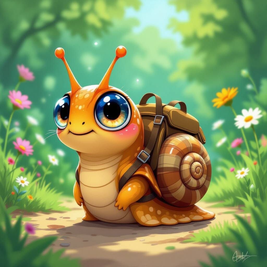 Cartoon Snail with Shimmering Eyes in Vibrant Garden