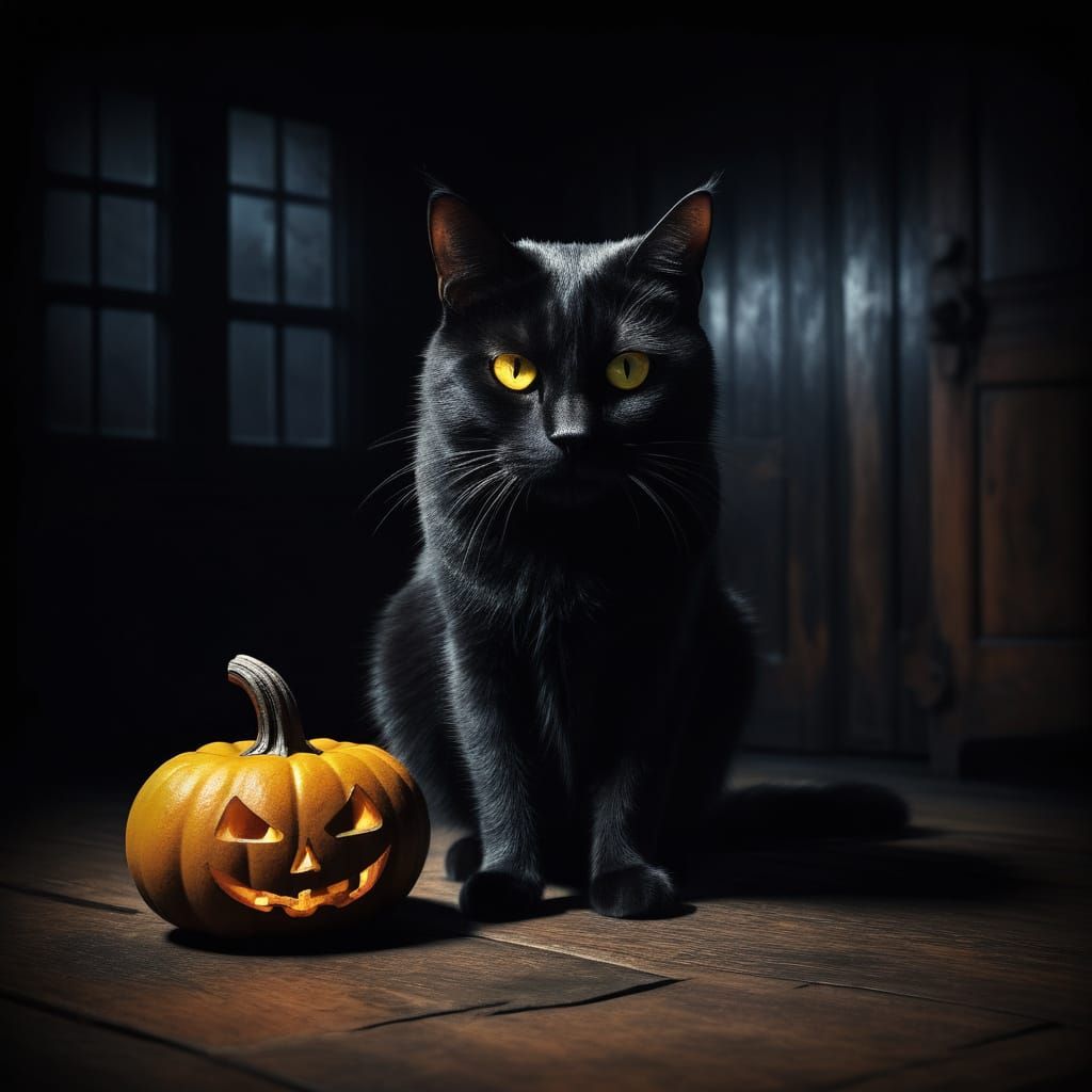 Eerie Black Cat with Yellow Eyes in Dark Fantasy Style