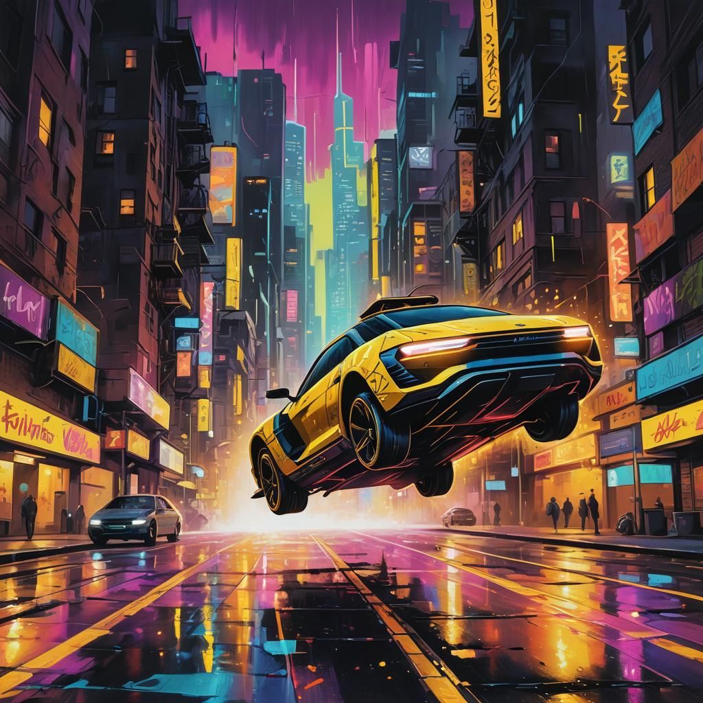 Futuristic Hover Car in Neon Cityscape Graffiti