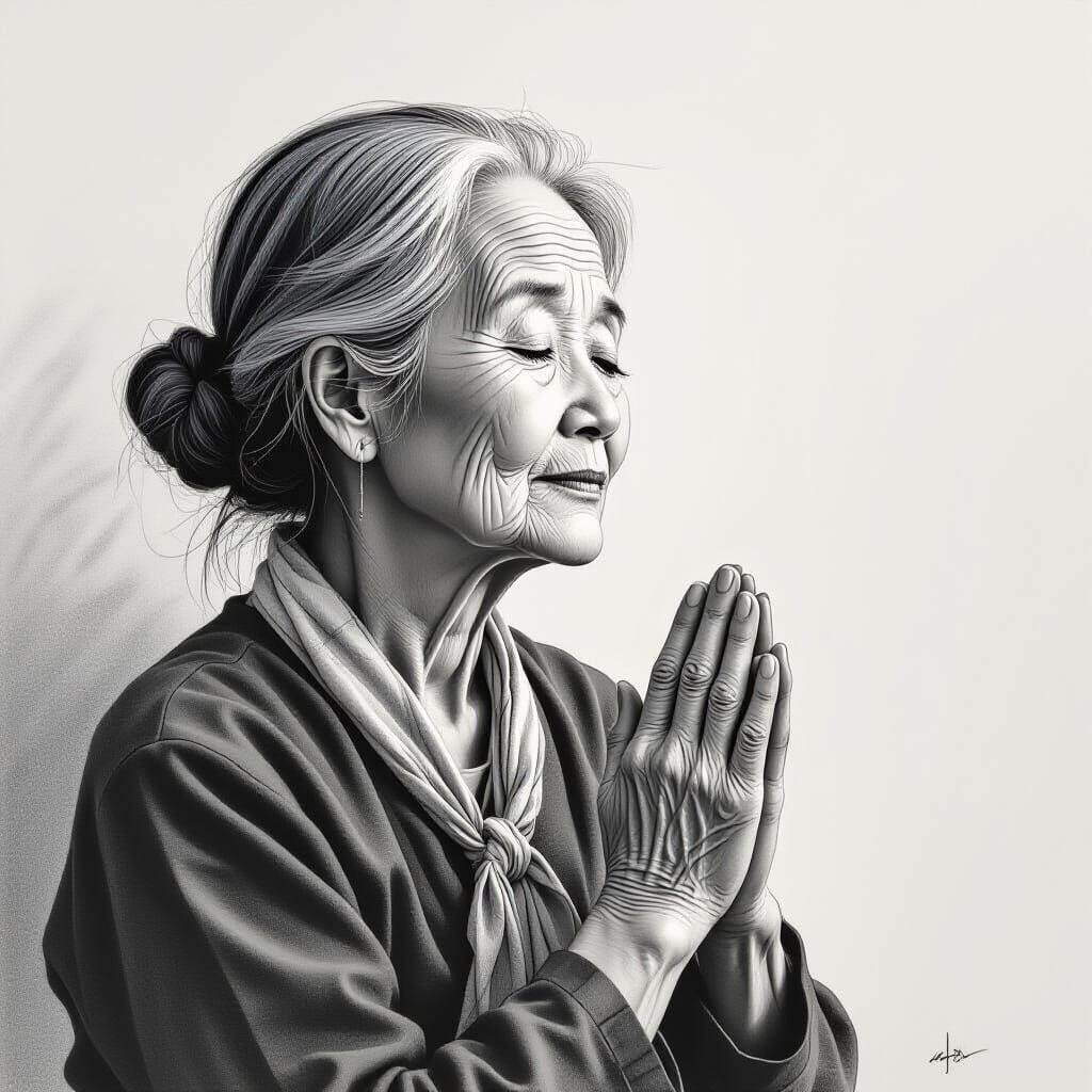 Pencil Sketch of Elderly Chinese Woman in Prayer