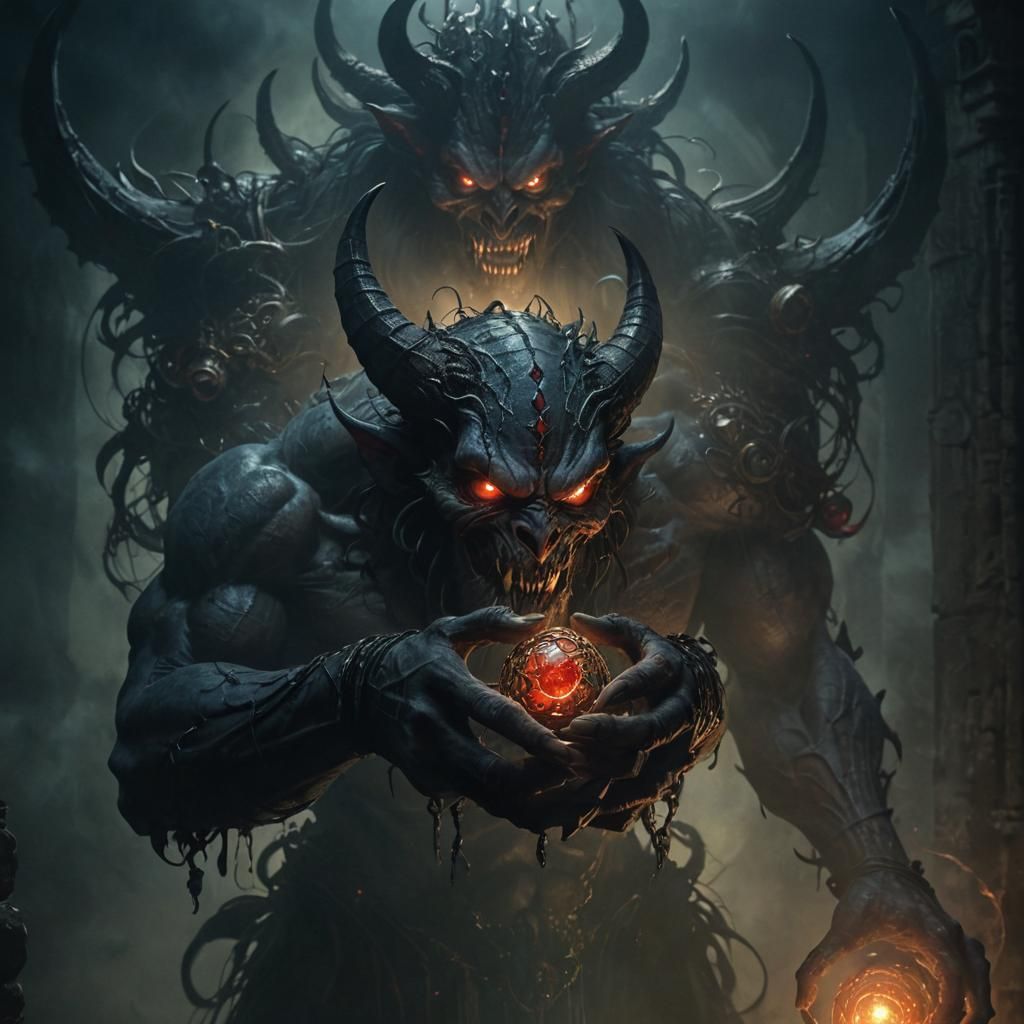 Dark Fantasy Demon with Mystical Orbs and Ring