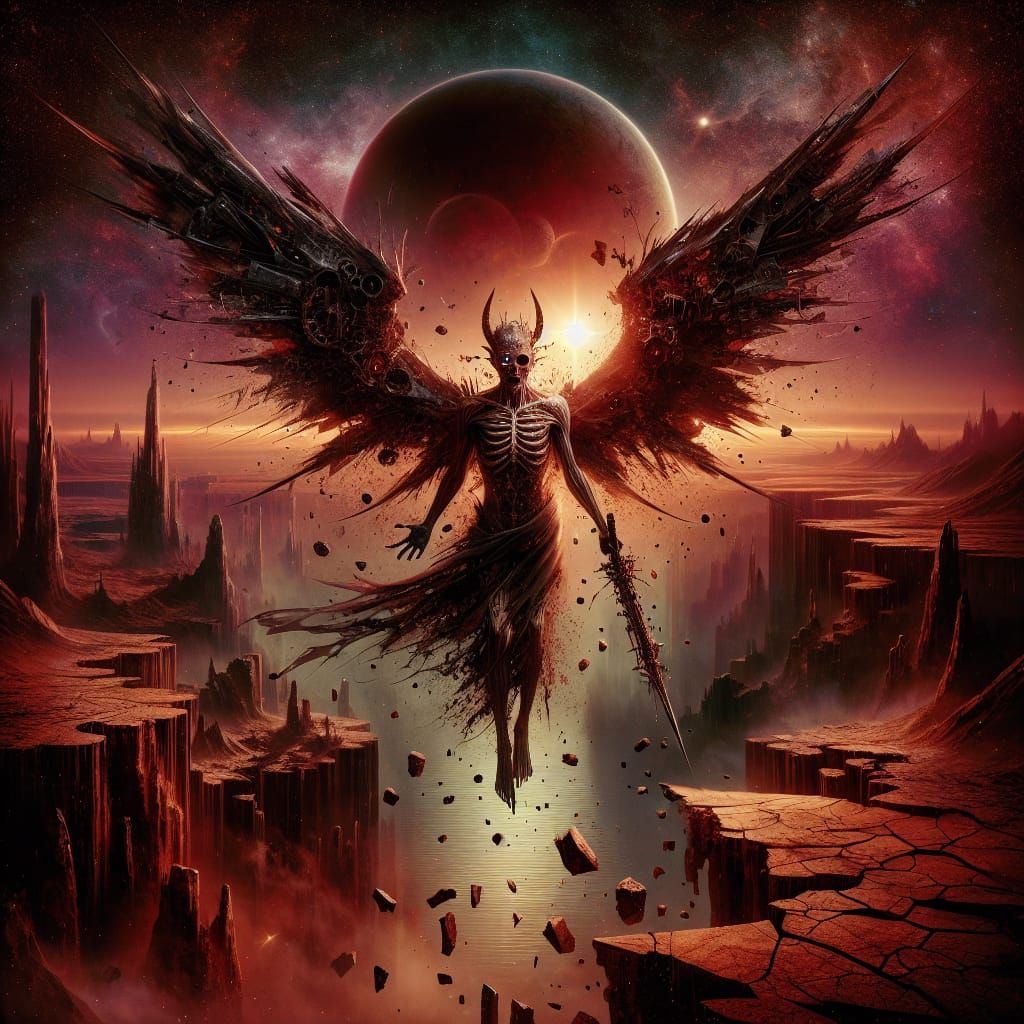 fallen angel with torn, blackened wings standing at the edge...